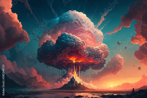 Creating a Fantastical Sky Kingdom: AI-Generated Illustration Featuring Jeff Menges' Stock Photo and High-Detailed Nuclear & Apocalypse Art, Generative AI photo