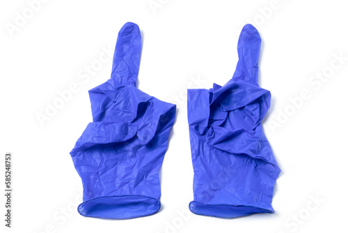 Two blue surgical gloves with open middle finger, isolated on white background.