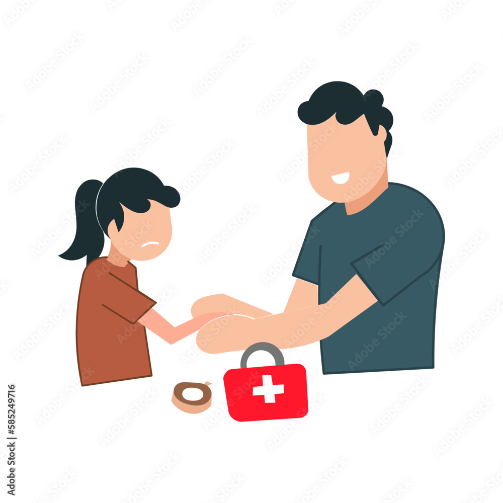 Obraz premium Vector illustration of a father helping his daughter with first aid kit.