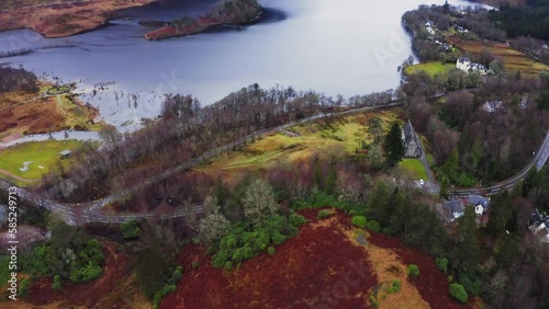 Drone view of Glenfinnan and Loch Shiel Lake in Scotland, UK. Hogwarts location - Harry Potter Movie. photo