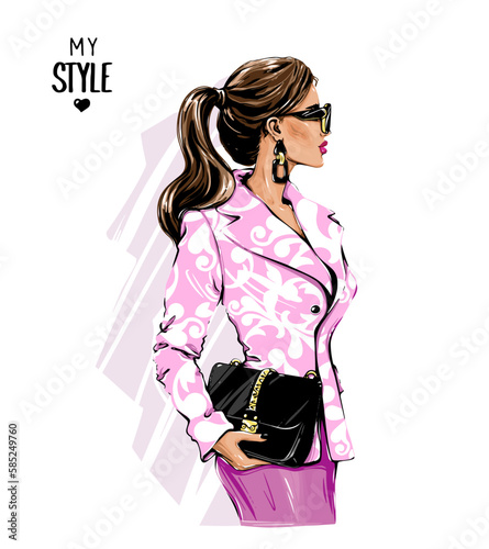 Beautiful fashion woman in sunglasses. Stylish pretty girl holding bag. Vector illustration.