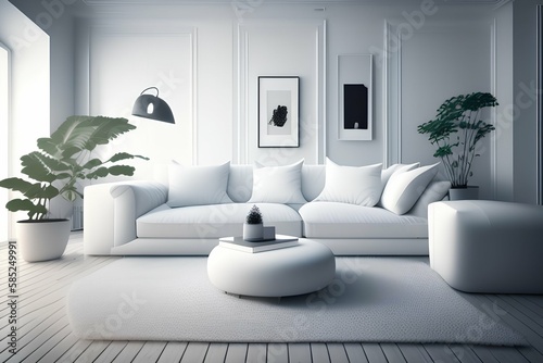 White room with sofa. Scandinavian interior design   home decoration   3D illustration - generative ai 