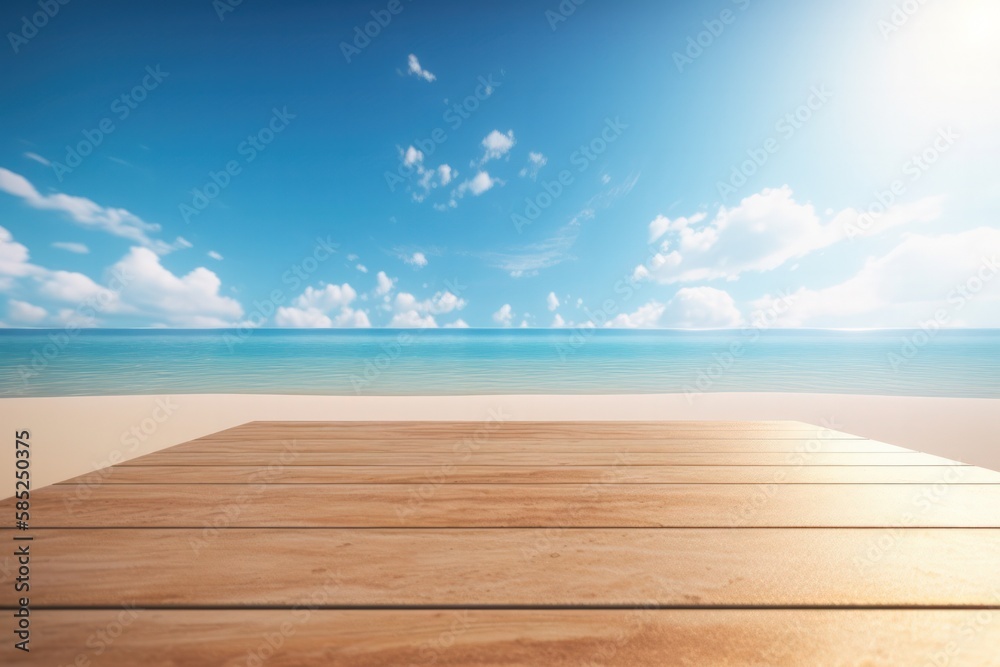 Empty Wooden Platform on Serene Beach with Majestic Mountains and Fluffy Clouds - Minimalist 3D Render for Luxurious and Sophisticated Product Showcase in Natural Setting. Empty Wooden Platform on Serene Beach with Majestic Mountains and Fluffy Clouds - Minimalist 3D Render for Luxurious and Sophisticated Product Showcase in Natural Setting.
