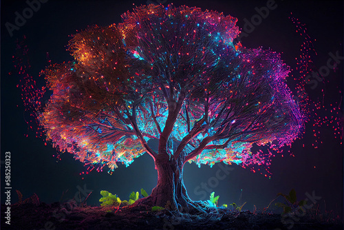 Tree of fertility colourful and neon lights illuminated. Stylish tree with neon lights around. High quality illustration.