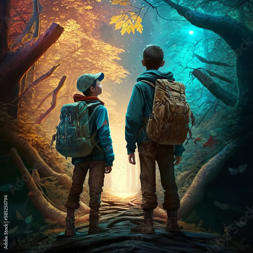 two boys go hiking with backpacks on forest © Witri