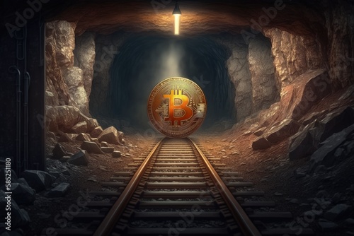 Bitcoin coin at the end of the mining cave rail, Generative AI