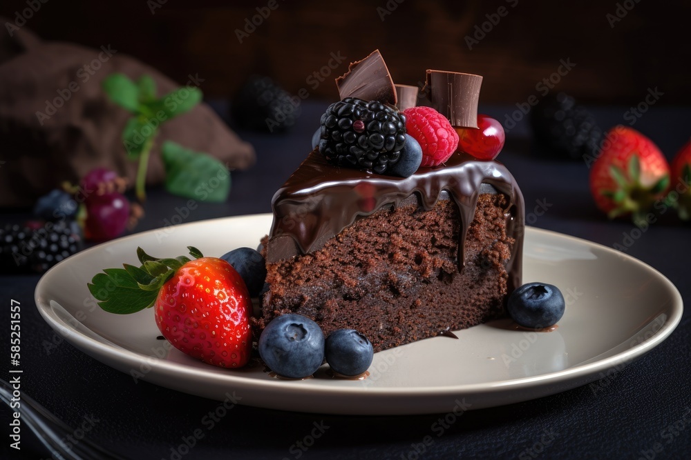 A decadent slice of chocolate cake with a creamy ganache topping and a scattering of fresh berries - made with AI A decadent slice of chocolate cake with a creamy ganache topping and a scattering of fresh berries - made with AI