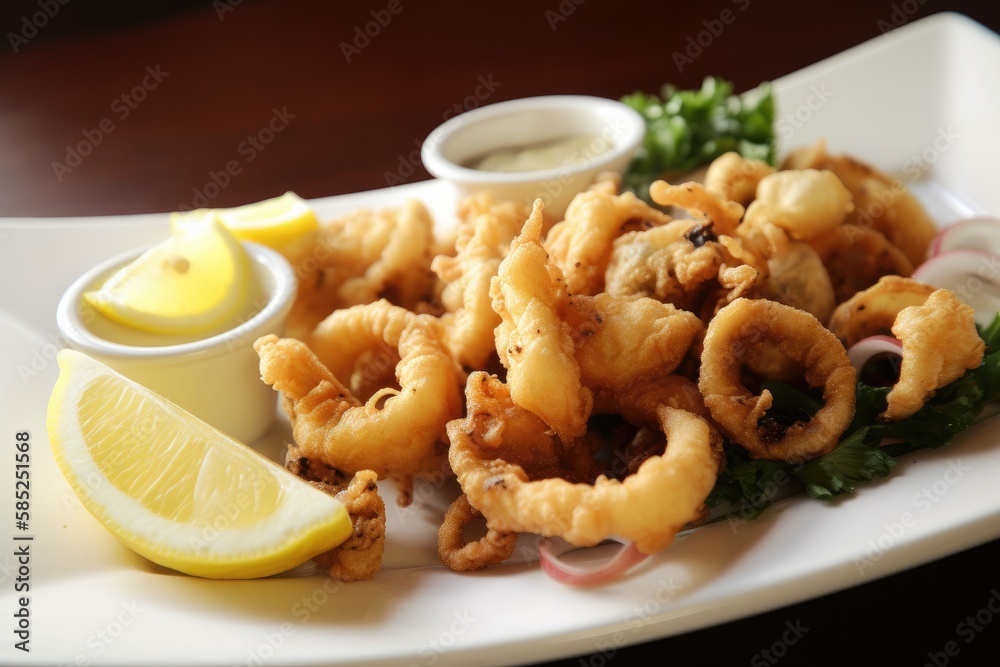 A crispy and savory plate of calamari fritti, served with a wedge of lemon and a sprinkle of sea salt - made with AI A crispy and savory plate of calamari fritti, served with a wedge of lemon and a sprinkle of sea salt - made with AI