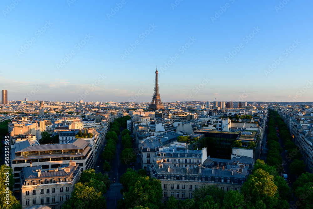 The Eiffel Tower and the Chaillot Trocadero district, Europe, France, Ile de France, Paris, in summer, on a sunny day.