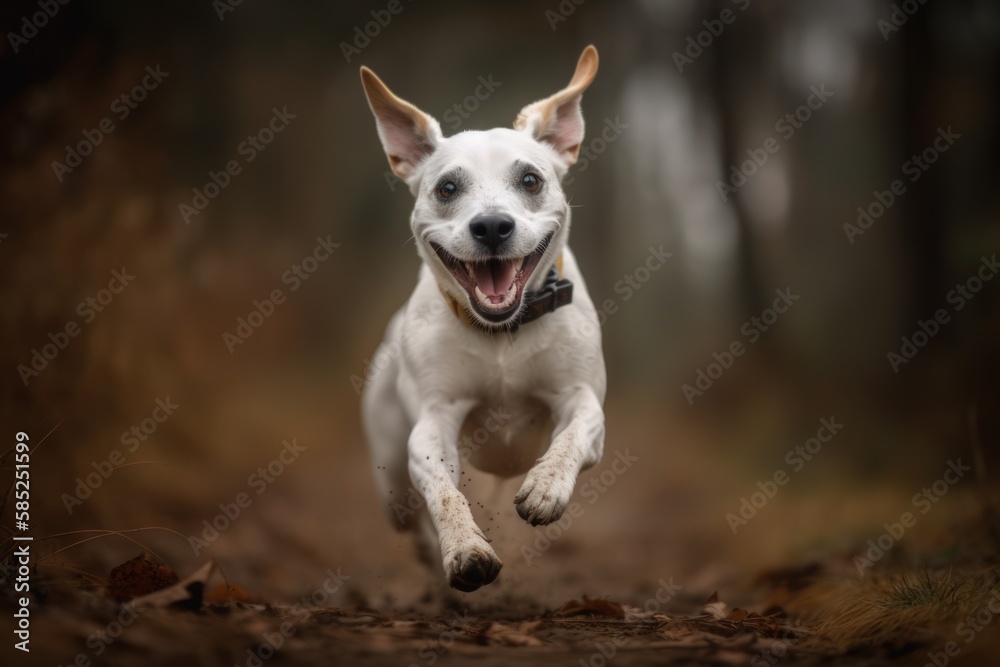 A Silly and Endearing Image of a Mischievous Dog Mid-Jump in Whimsical World