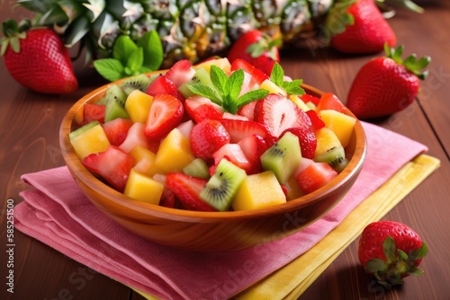 A refreshing fruit salad, bursting with juicy watermelon, tangy pineapple, and sweet strawberries - made withj AI