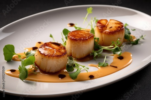 A beautifully plated dish of seared scallops on a bed of pureed parsnips, garnished with a sprinkling of microgreens and a drizzle of brown butter sauce - made with Ai