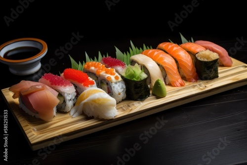 A colorful array of sushi rolls, including tuna, salmon, and yellowtail, presented on a wooden platter with a side of wasabi and soy sauce - made with AI