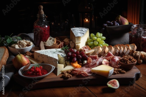 A delectable Plate of Cheese and Charcuterie, featuring a variety of artisanal Cheeses, cured Meats - made with Ai