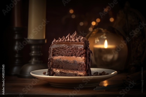 A delicious slice of chocolate cake with layers of rich ganache and a dusting of cocoa powder - made with Ai