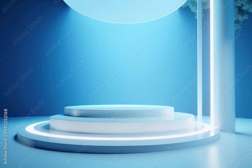 Sleek and Modern 3D Render of Pristine White Podium on Vibrant Blue Background - High-End Showcase for Products and Services. Sleek and Modern 3D Render of Pristine White Podium on Vibrant Blue Background - High-End Showcase for Products and Services.