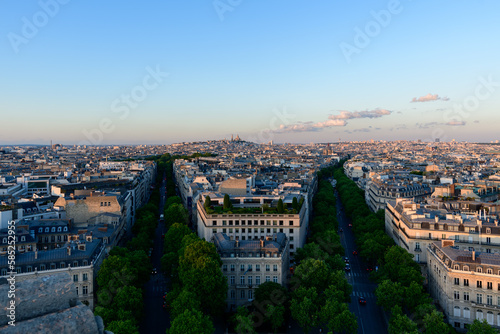 The Basilica of the Sacred Heart on the Montmartre hill , Europe, France, Ile de France, Paris, in summer on a sunny day.