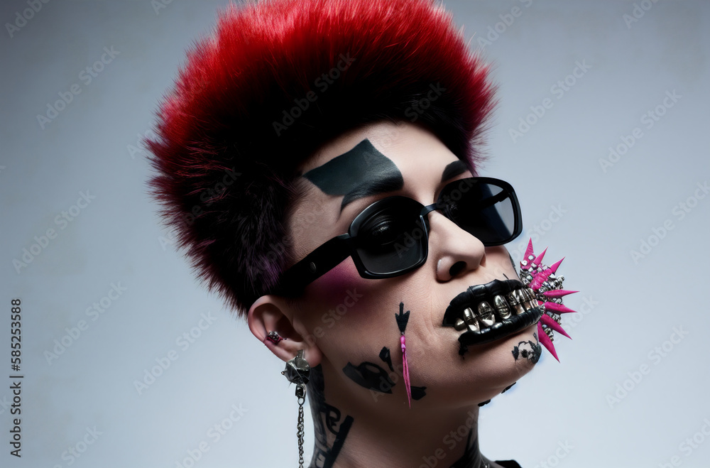 Mature punk woman. Portrait of elderly female with bright image, daring style. Generative AI. Mature punk woman. Portrait of elderly female with bright image, daring style. Generative AI.
