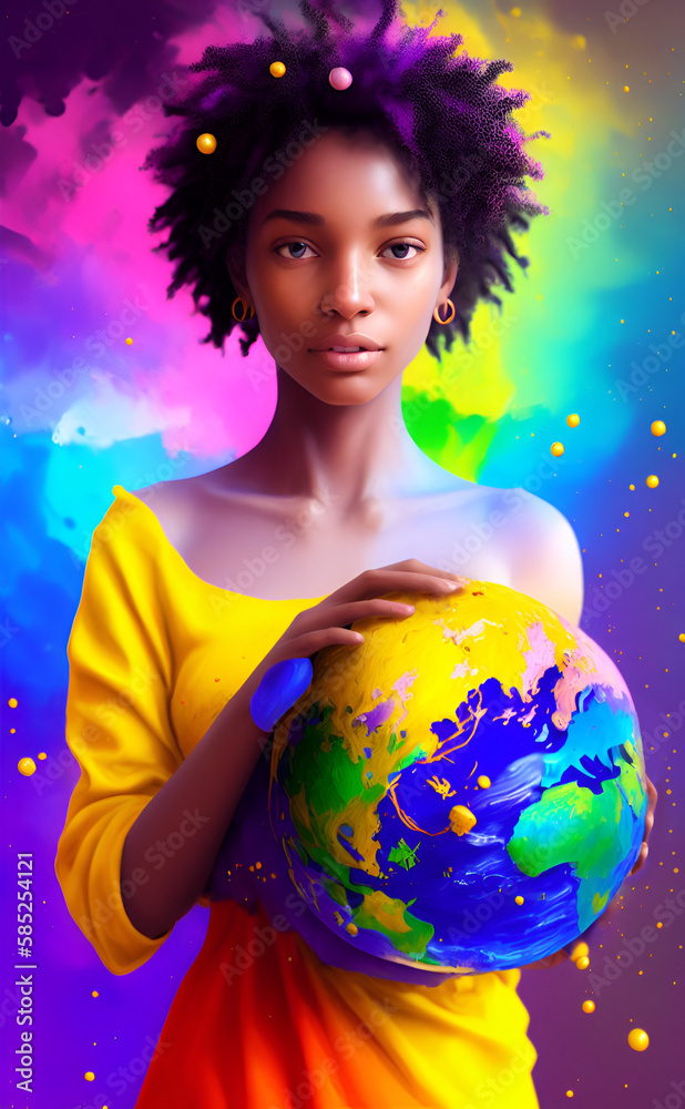 Naklejka premium Young girl holding Planet Earth in her hand on Earth Day. Earth Day concept. Generative Artificial Intelligence.