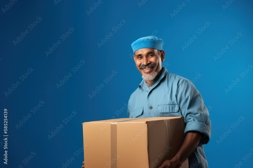 Delivery service male worker, turkish man in uniform with cardboard box in hands on blue background, AI generative Delivery service male worker, turkish man in uniform with cardboard box in hands on blue background, AI generative