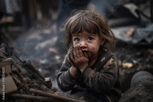 A fictional person, Innocence Amidst Chaos: A Heart-Wrenching Photo of a Toddler in a Warzone, Generative AI © Kaare
