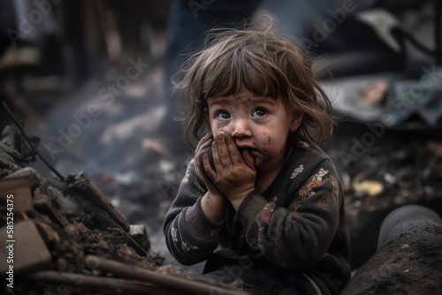 A fictional person, Innocence Amidst Chaos: A Heart-Wrenching Photo of a Toddler in a Warzone, Generative AI