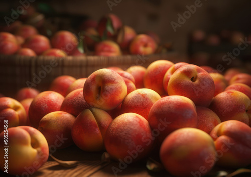 Beautiful organic background of freshly picked peaches created with Generative AI technology