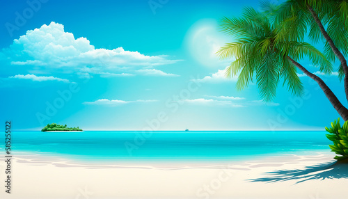 background of a beautiful beach with a palm tree, blue sky and white sand on a sunny day. Generative AI © Pelayo