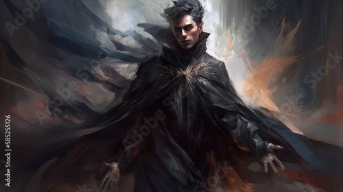 A loose painterly styled digital illustration of a male fantasy hero of villain, with magic powers. Generative AI. 