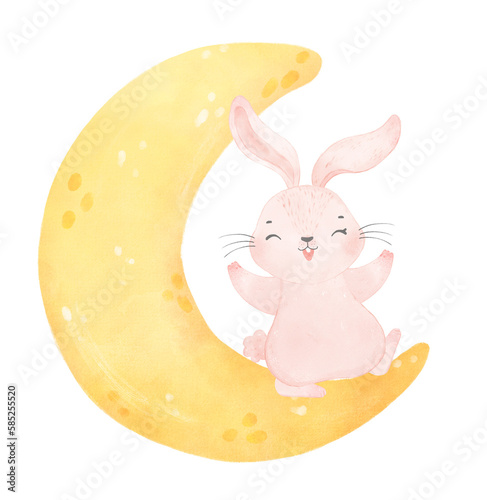 adorable whimsical baby pink bunny rabbit animal on the crescent moon phase soft watercolour	
