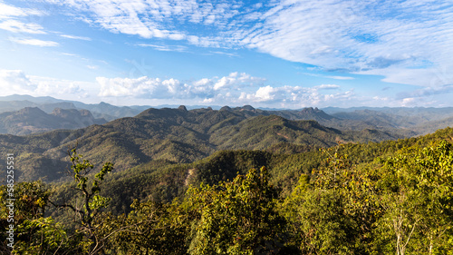 Scenic look out point of rolling hills and blue sky along Mae Hong Son and Pai loop route in Northern Thailand