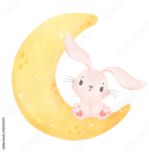 adorable whimsical baby pink bunny rabbit animal on the crescent moon phase soft watercolour