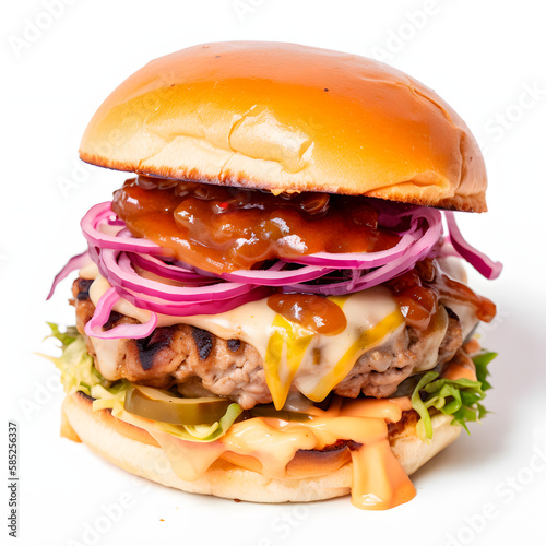 up view of a delicious pork burger on a white background. Generative A