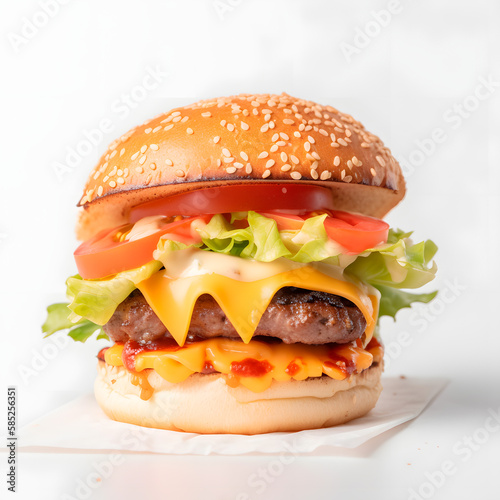 Delicious hamburger with cheese and salad. Generative AI