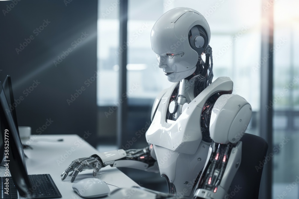 Robot at the computer. Business concept. AI generated, human enhanced. Robot at the computer. Business concept. AI generated, human enhanced.