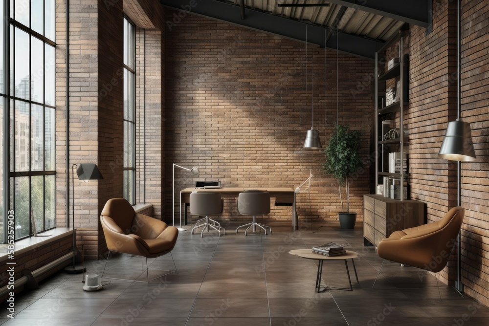 Modern office interior in loft industrial style. AI generated, human enhanced Modern office interior in loft industrial style. AI generated, human enhanced