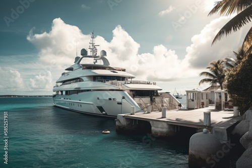 Large luxurious yacht docked in the Caribbean  high quality generative ai