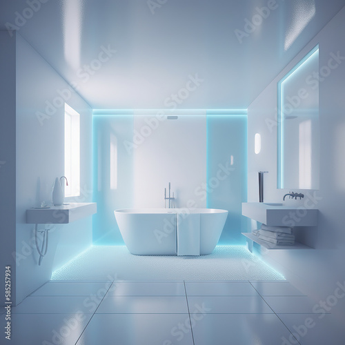 Luxury white bathroom with blue led light. Modern big bathtub and marble tiles. Generative AI