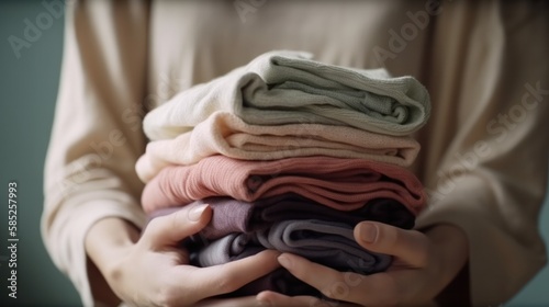 Hands hold a stack of organic clothing and cotton colors. Eco friendly fabric shop. Generative AI.