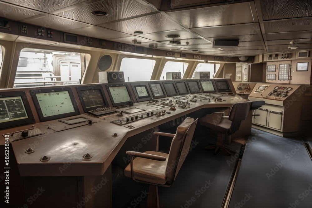 Wheelhouse control board on a large ship / vessel, generative ai