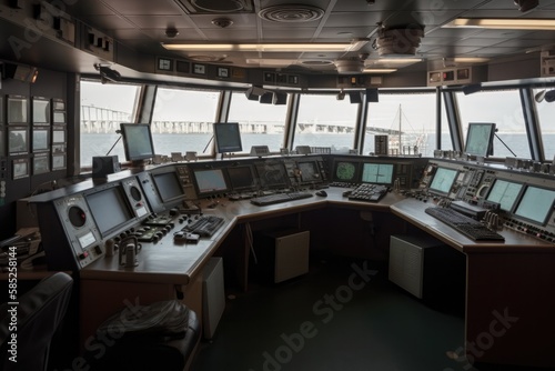 Wheelhouse control board on a large ship / vessel, generative ai