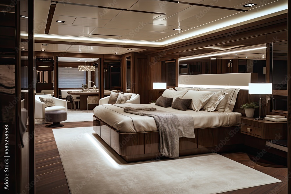 Wide-angle photo of an interior of a luxurious boat cabin with a big neatly made bed, lacquered wood paneling decoration. Luxurious yacht cabin, generative ai Wide-angle photo of an interior of a luxurious boat cabin with a big neatly made bed, lacquered wood paneling decoration. Luxurious yacht cabin, generative ai