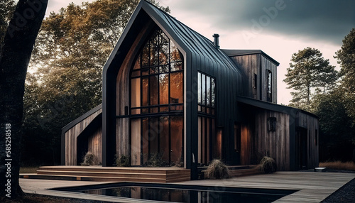 Futuristic wooden villa image created with Generative AI