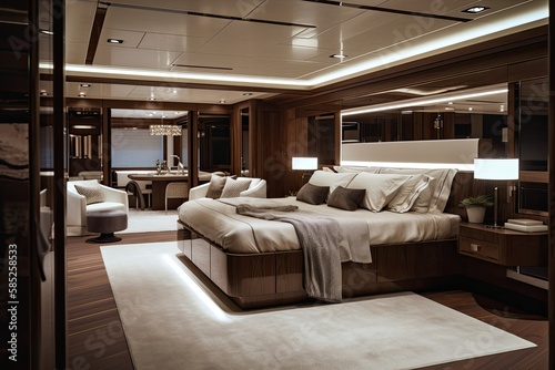 Wide-angle photo of an interior of a luxurious boat cabin with a big neatly made bed, lacquered wood paneling decoration. Luxurious yacht cabin, generative ai