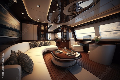 Wide-angle photo of an interior of a luxurious boat cabin. Luxurious yacht cabin, generative ai