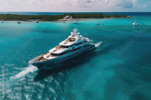 Aerial drone view of a luxury yacht on the sea in the Caribbean, high quality generative ai