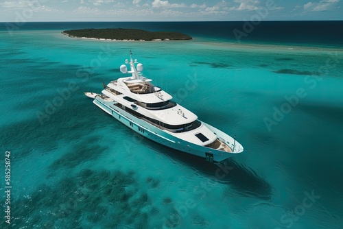 Aerial drone view of a luxury yacht on the sea in the Caribbean, high quality generative ai
