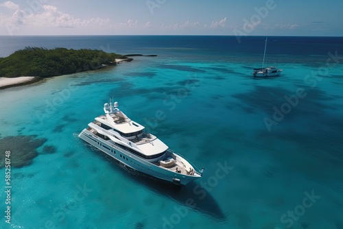 Aerial drone view of a luxury yacht on the sea in the Caribbean, high quality generative ai © MVProductions