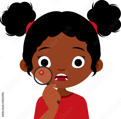 Teenage girl and her problematic skin. African American woman looking at a pimple through a magnifying glass. Vector cartoon illustration