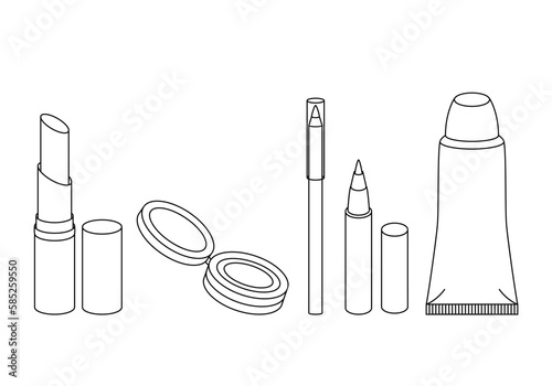 Cosmetics icon isolated on white backround. Powder, lipstick, face cream, lip pencil and lip gloss image for packaging design, make up industry, beauty salon, cosmetics store or other use. Vector set.